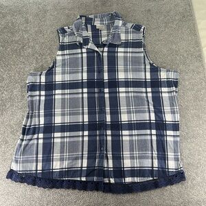 Avenue Sleeveless Button Up Blouse Shirt Blue White Plaid Womens 26 28
